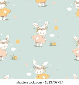 Cute Bunny girl met and befriended a cute snail. hand drawn vector illustration.Seamless pattern