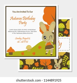 Cute bunny girl on Autumn season vector cartoon illustration for birthday card design, postcard, and wallpaper