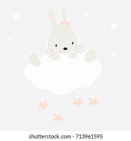 cute bunny girl on the cloud, baby shower card with bunny vector illustration