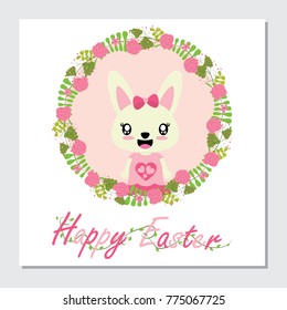 Cute bunny girl on flower wreath vector cartoon illustration for Easter card design, postcard, and wallpaper