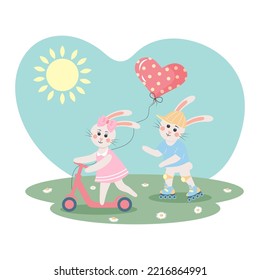 Cute bunny girl on a kick scooter with a heart balloon and a bunny boy on roller skates on the meadow. Summer, outdoor sports, vacation. Greeting card. 
