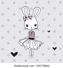 cute bunny girl on polka dots background, Happy Easter pattern, T-shirt graphics for kids vector illustration