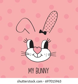 cute bunny girl on polka dots background, Happy Easter card, T-shirt graphics for kids vector illustration