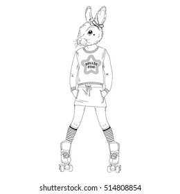 cute bunny girl on rollers, anthropomorphic illustration for kids