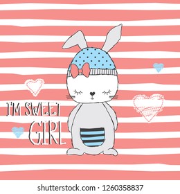 cute bunny girl on striped background vector illustration, Happy Easter card, T-shirt graphics design for kids