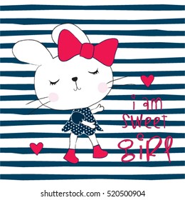 cute bunny girl on striped background,  Happy Easter pattern, T-shirt graphics for kids vector illustration