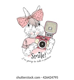 cute bunny girl with photo camera, hand drawn graphic, animal illustration