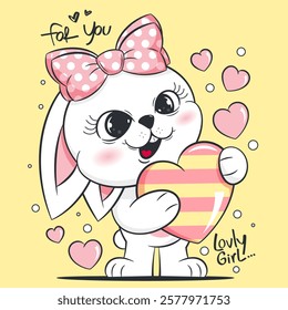 Cute bunny girl with a pink bow on her head, hugging a big heart. Happy together on Valentine's Day, isolated on a yellow background. Vector illustration."