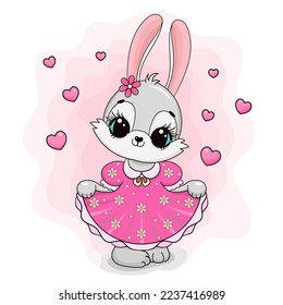 Cute bunny girl in a pink dress. Children's theme. For the design of prints, posters, stickers, cards and so on. Vector