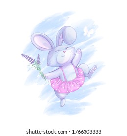 Cute bunny girl in a pink skirt with a polka dot pattern has fun jumping. Wild flowers bouquet and watercolor textural background. Vector animal character for children.