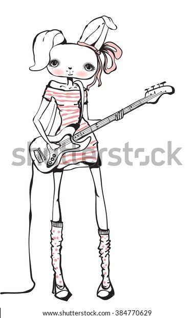 Cute Bunny Girl Playing Guitar Stock Image Download Now