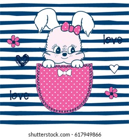 cute bunny girl in the pocket, Happy Easter pattern vector illustration