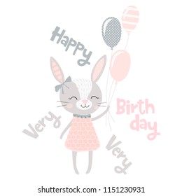 Cute bunny girl print. Sweet rabbit baby with balloons. Hare fashion child vector. Very happy birthday slogan. Cool scandinavian illustration for t-shirt, kids apparel, invitation, children design
