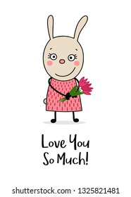 Cute bunny girl with red tulips. Love you so much flat vector cartoon greeting card