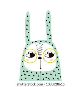 Cute bunny girl in romper and glasses. Childish print for t-shirt, apparel, cards, poster, nursery decoration. Vector Illustration