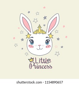 Cute bunny girl with a tiara smiling. Little princess vector hand drawn illustration. Print, invitation, baby shower, avatar, postcard, poster, greeting design.