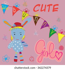 cute bunny girl white hearts and flowers and curls vector illustration