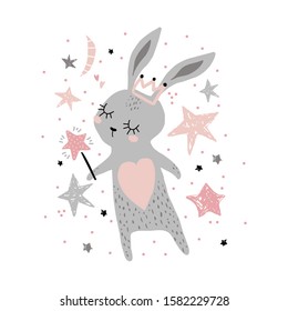 Cute bunny girl withwith crown and magic wand isolated on white. Childish print for apparel, nursery, cards,posters. Vector Illustration