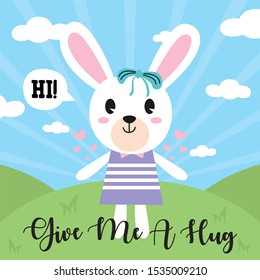 Cute Bunny Give Me A Hug design on hill background, good for icon, mascot, card, banner, poster, print and other uses.