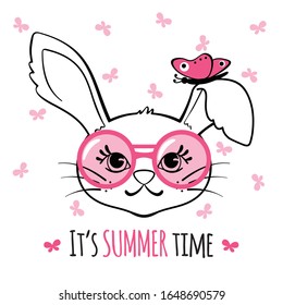 Cute bunny with glasses and butterfly isolated on white background. Design element for t-shirt print, apparel, baby shower posters or greeting cards. Summer concept. Vector illustration.