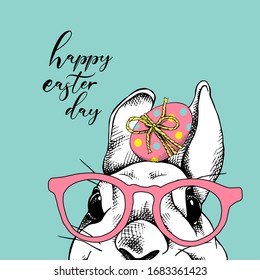 Cute Bunny in glasses with a egg in a frame. Funny Cartoon Character. Happy Easter day - lettering quote. Holiday card, hand drawn style print. Vector illustration.