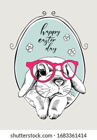 Cute Bunny in glasses in a frame. Funny Cartoon Character. Happy Easter day - lettering quote. Holiday card, hand drawn style print. Vector illustration.