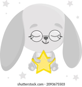 Cute bunny  with glasses holding a star in his hand. Baby animal vector illustration.  Template, print for nursery, character for children poster design