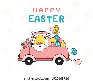 Cute Bunny Gnome Cartoon And Yellow Chick Baby In Pink Truck Car With Easter Eggs. Happy Easter, Cute Doodle Cartoon Vector Spring Easter Clip Art