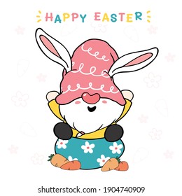 cute bunny gnome on egg with carrot, happy Easter. Gnome in pink hat sweet pastel cartoon vector