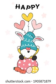 Cute bunny Gnome sit on Easter egg with carrot and heart balloon, Happy Easter, Cute doodle cartoon vector