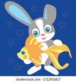 Cute bunny and gold fish for lucky vector character illustraton. Bunny collection