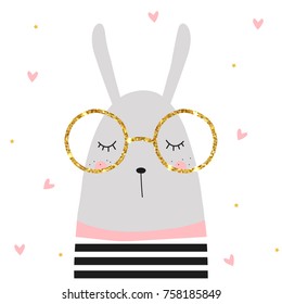 Cute bunny and golden glitter glasses. Vector hand drawn illustration.