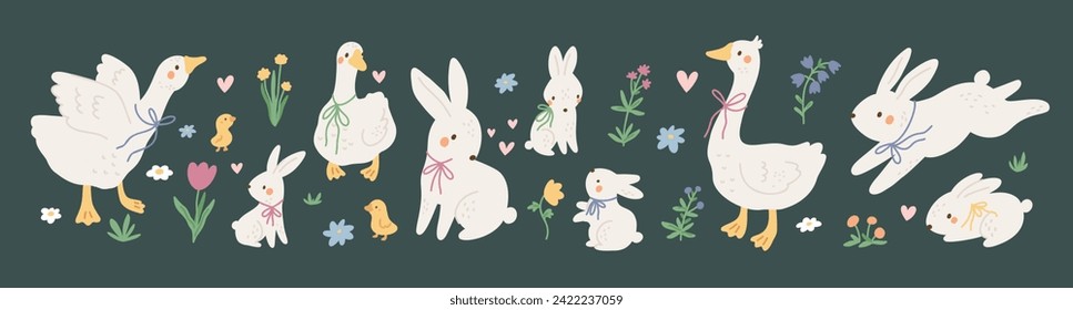 Hübsche, sonnige Gänse-Kollektion mit Blumen. Frühlingscartoon Kaninchen und Enten. Fröhliche Osterfestliche Flachgrafik