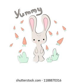Cute bunny with grass and carrots around. Hand drawn kid style vector illustration for Easter greeting cards, nursery, banners, social networks posts or other purposes.
