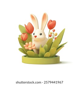 Cute bunny in the grass, daisies and tulips, 3D. Beautiful spring scene for advertising concepts. The image is on a white background. Vector