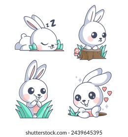 Cute bunny grazing, cartoon style set