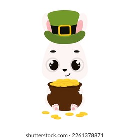 Cute bunny in green leprechaun hat holds bowler with gold coins. Irish holiday folklore theme. Cartoon design for cards, decor, shirt, invitation. Vector stock illustration.