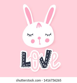 Cute bunny greeting card. Funny illustration. Lovely rabbit. Cartoon animal. Funny character. White sweet hare. Fashion hand drawn bunny girl.