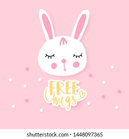 Cute bunny greeting card. Funny illustration. Lovely rabbit. Cartoon animal. Funny character. White sweet hare. Fashion hand drawn bunny girl.