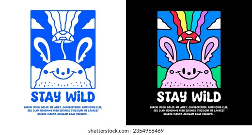 Cute bunny and groovy mushroom with stay wild typography, illustration for logo, t-shirt, sticker, or apparel merchandise. With doodle, retro, groovy, and cartoon style.