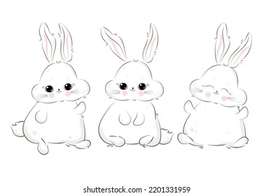 Cute bunny. Group of sitting rabbit.