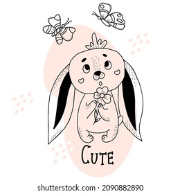 Cute bunny with haircut with flower in its paws and flying butterflies. Vector illustration. Postcard in style of hand drawn linear doodles. Funny animal for design and decoration, greeting cards 