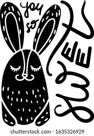 Cute bunny hand drawn illustration. You so sweet lettering. Rabbit with positive quote greeting card