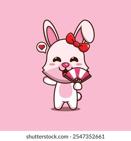 Cute bunny with hand fan cartoon vector illustration. mascot cartoon character vector illustration. design element suitable for poster, brochure, web, mascot, sticker, logo and icon.