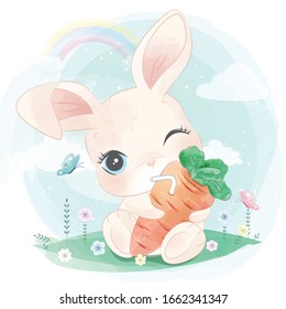 Cute bunny hanging the carrot juice