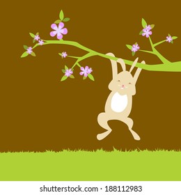 A  Cute Bunny hangs on a tree vector background