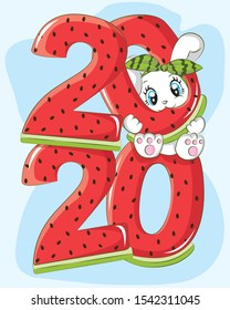 Cute bunny happy new year 2020 with watermelon Premium Vector