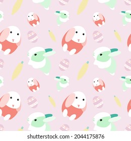 el lindo conejito feliz patrón sin costura se repite en el fondo rosa pastel incluye huevo de Pascua con corazón de amor, zanahoria. diseño de tela, decoración casera, impresión. ilustración vectorial gráfica de conejo.