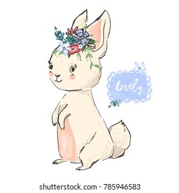 Cute bunny, hare, rabbit with beautiful floral, flowers wreath
