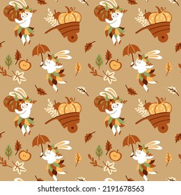 Cute bunny is harvesting, pumpkins. Autumn print for kid products. Seamless pattern. Vector.